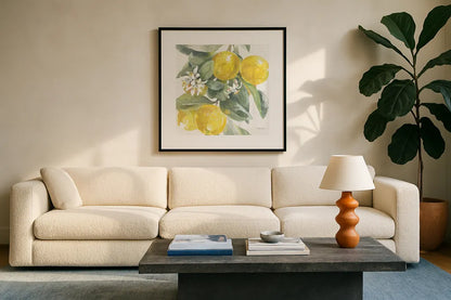 Citrus Charm Lemons I by Beth Grove. Displayed in a glass frame with matte in a clean modern living room. Available as an archival giclee rolled canvas, fine art paper, or poster print. SKU 66092a.