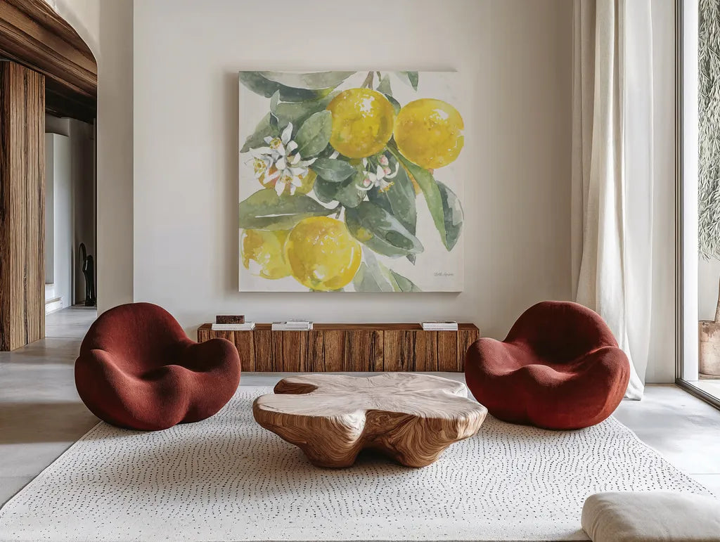 Citrus Charm Lemons I by Beth Grove. Shown as extra-large giant wall art in a modern living room. Available as an archival giclee rolled canvas, fine art paper, or poster print. SKU 66092a.