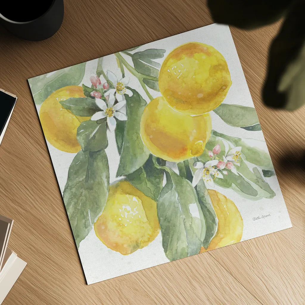 Citrus Charm Lemons II by Beth Grove. Shown as a detailed flat fine art print, highlighting archival giclee quality. Available as an archival giclee rolled canvas, fine art paper, or poster print. SKU 66093a.