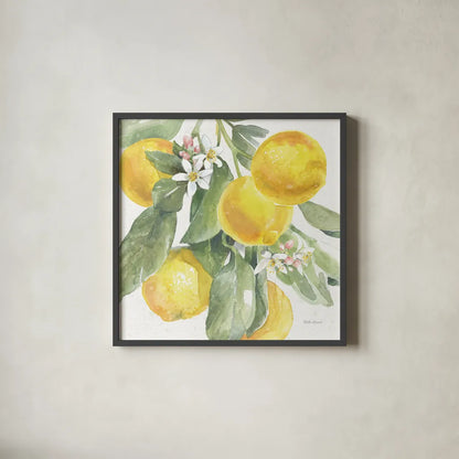 Citrus Charm Lemons II by Beth Grove. Shown in a sleek black glass frame for a contemporary gallery look. Available as an archival giclee rolled canvas, fine art paper, or poster print. SKU 66093a.