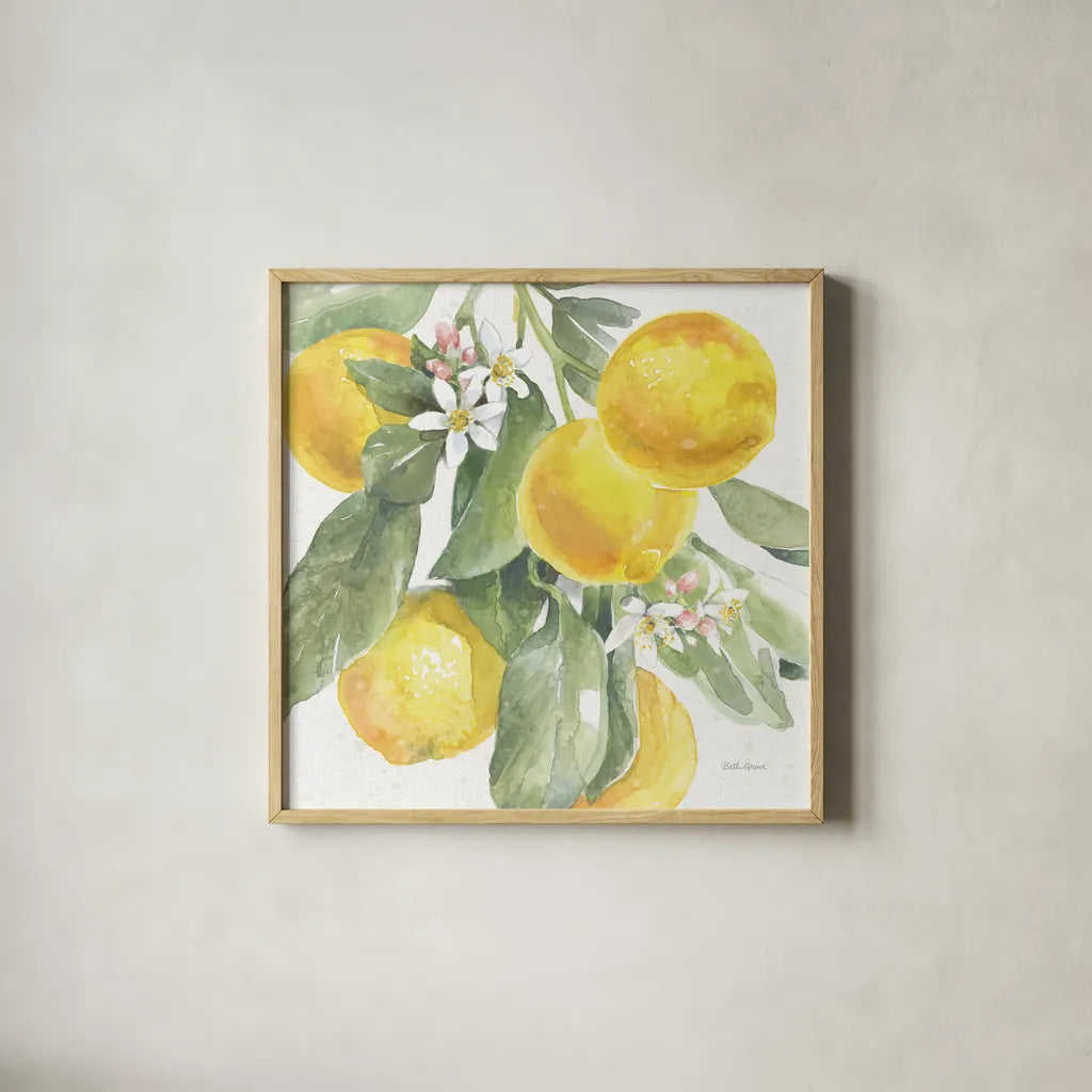 Citrus Charm Lemons II by Beth Grove. Shown in a natural wood glass frame for a timeless modern aesthetic. Available as an archival giclee rolled canvas, fine art paper, or poster print. SKU 66093a.