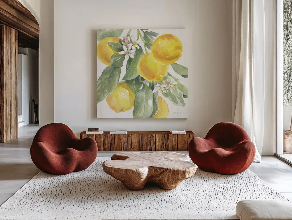 Citrus Charm Lemons II by Beth Grove. Shown as extra-large giant wall art in a modern living room. Available as an archival giclee rolled canvas, fine art paper, or poster print. SKU 66093a.