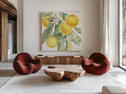 Citrus Charm Lemons II by Beth Grove. Shown as extra-large giant wall art in a modern living room. Available as an archival giclee rolled canvas, fine art paper, or poster print. SKU 66093a.