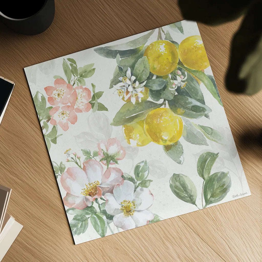 Citrus Charm V by Beth Grove. Shown as a detailed flat fine art print, highlighting archival giclee quality. Available as an archival giclee rolled canvas, fine art paper, or poster print. SKU 65559a.