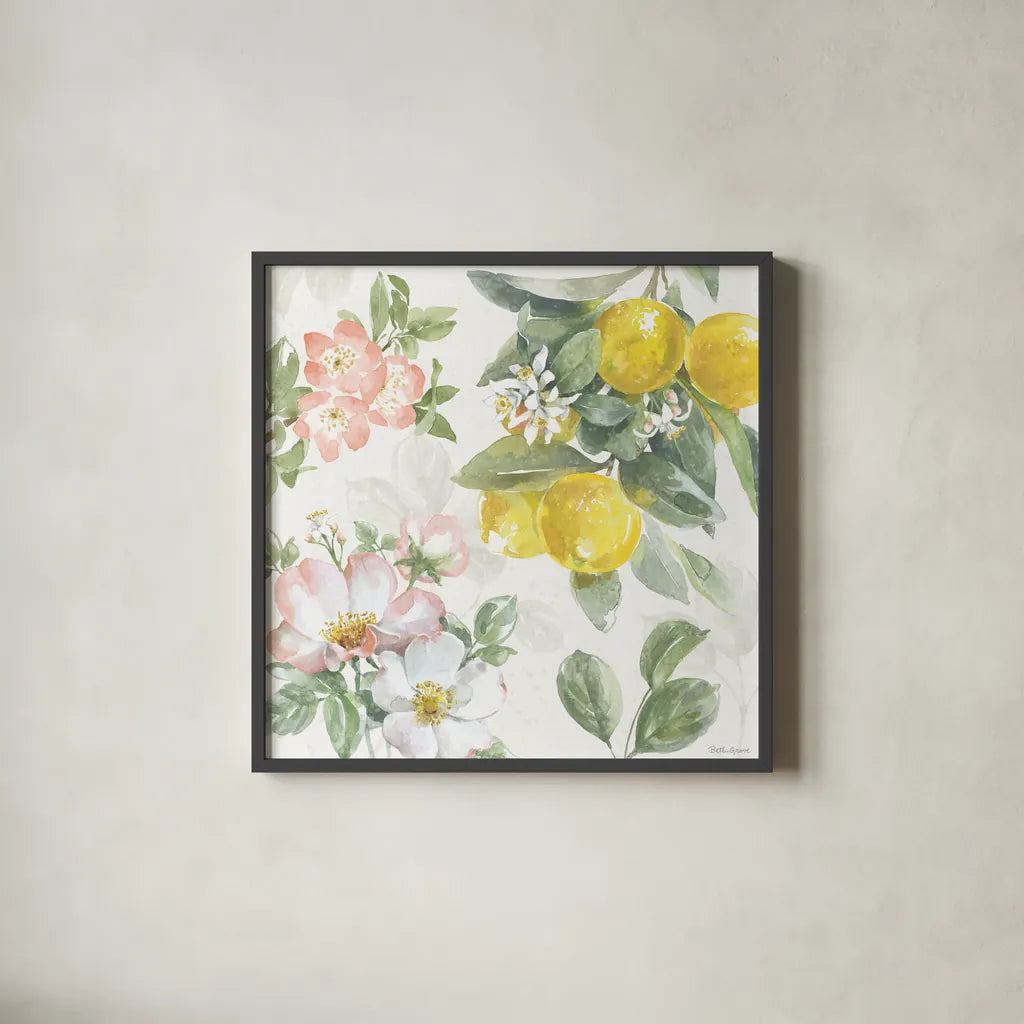 Citrus Charm V by Beth Grove. Shown in a sleek black glass frame for a contemporary gallery look. Available as an archival giclee rolled canvas, fine art paper, or poster print. SKU 65559a.