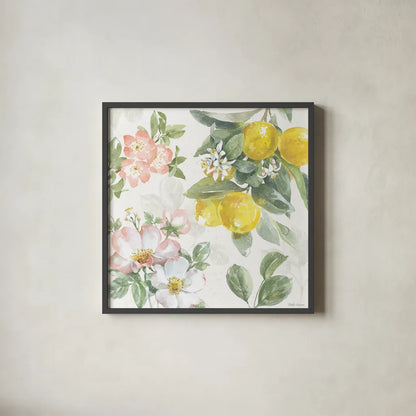 Citrus Charm V by Beth Grove. Shown in a sleek black glass frame for a contemporary gallery look. Available as an archival giclee rolled canvas, fine art paper, or poster print. SKU 65559a.