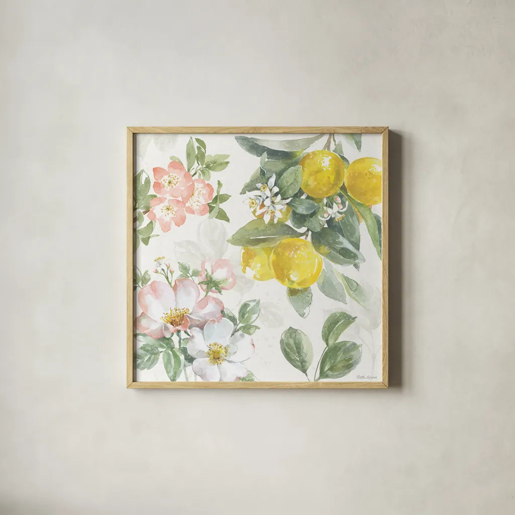 Citrus Charm V by Beth Grove. Shown in a natural wood glass frame for a timeless modern aesthetic. Available as an archival giclee rolled canvas, fine art paper, or poster print. SKU 65559a.
