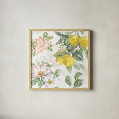 Citrus Charm V by Beth Grove. Shown in a natural wood glass frame for a timeless modern aesthetic. Available as an archival giclee rolled canvas, fine art paper, or poster print. SKU 65559a.