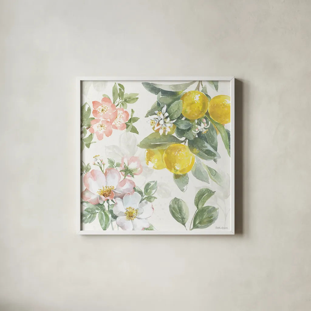 Citrus Charm V by Beth Grove. Shown in a crisp white glass frame for a clean and minimalist style. Available as an archival giclee rolled canvas, fine art paper, or poster print. SKU 65559a.