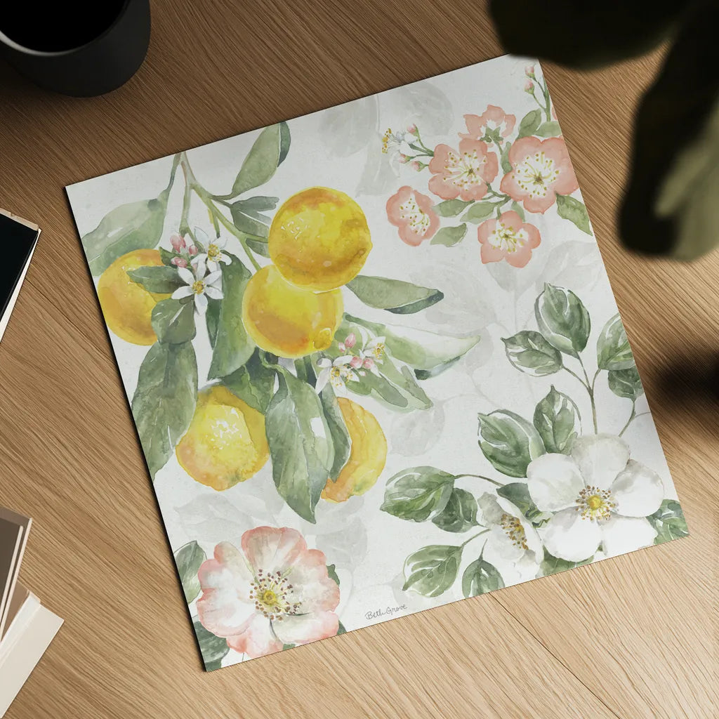 Citrus Charm VI by Beth Grove. Shown as a detailed flat fine art print, highlighting archival giclee quality. Available as an archival giclee rolled canvas, fine art paper, or poster print. SKU 65560a.