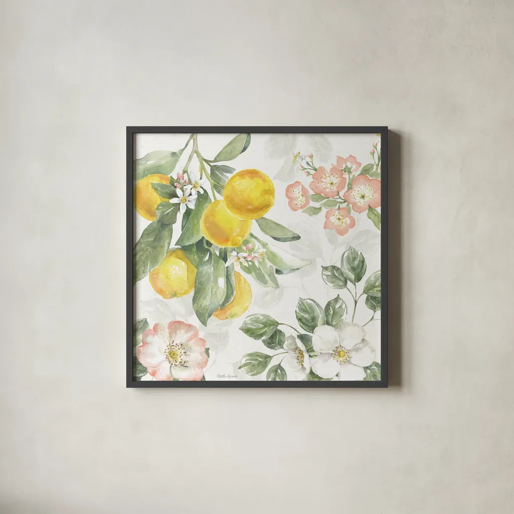 Citrus Charm VI by Beth Grove. Shown in a sleek black glass frame for a contemporary gallery look. Available as an archival giclee rolled canvas, fine art paper, or poster print. SKU 65560a.