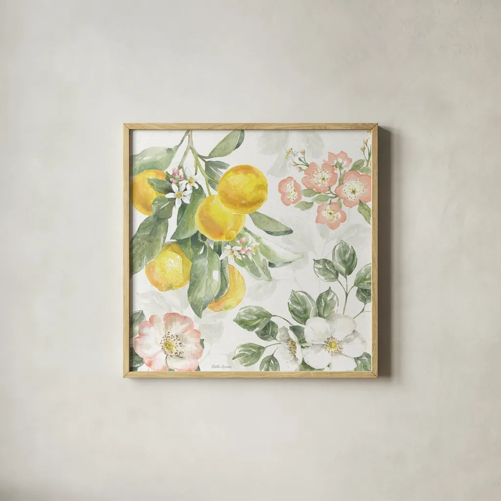 Citrus Charm VI by Beth Grove. Shown in a natural wood glass frame for a timeless modern aesthetic. Available as an archival giclee rolled canvas, fine art paper, or poster print. SKU 65560a.