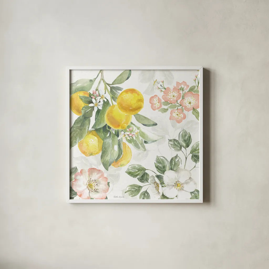 Citrus Charm VI by Beth Grove. Shown in a crisp white glass frame for a clean and minimalist style. Available as an archival giclee rolled canvas, fine art paper, or poster print. SKU 65560a.