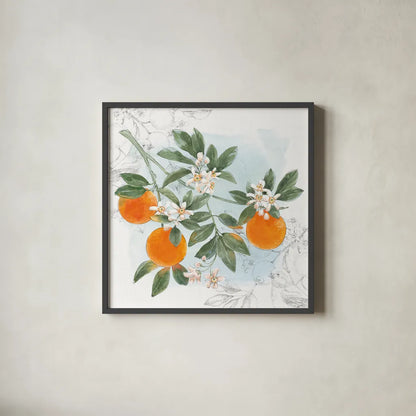 Citrus Wings II by Beth Grove. Shown in a sleek black glass frame for a contemporary gallery look. Available as an archival giclee rolled canvas, fine art paper, or poster print. SKU 97255a.