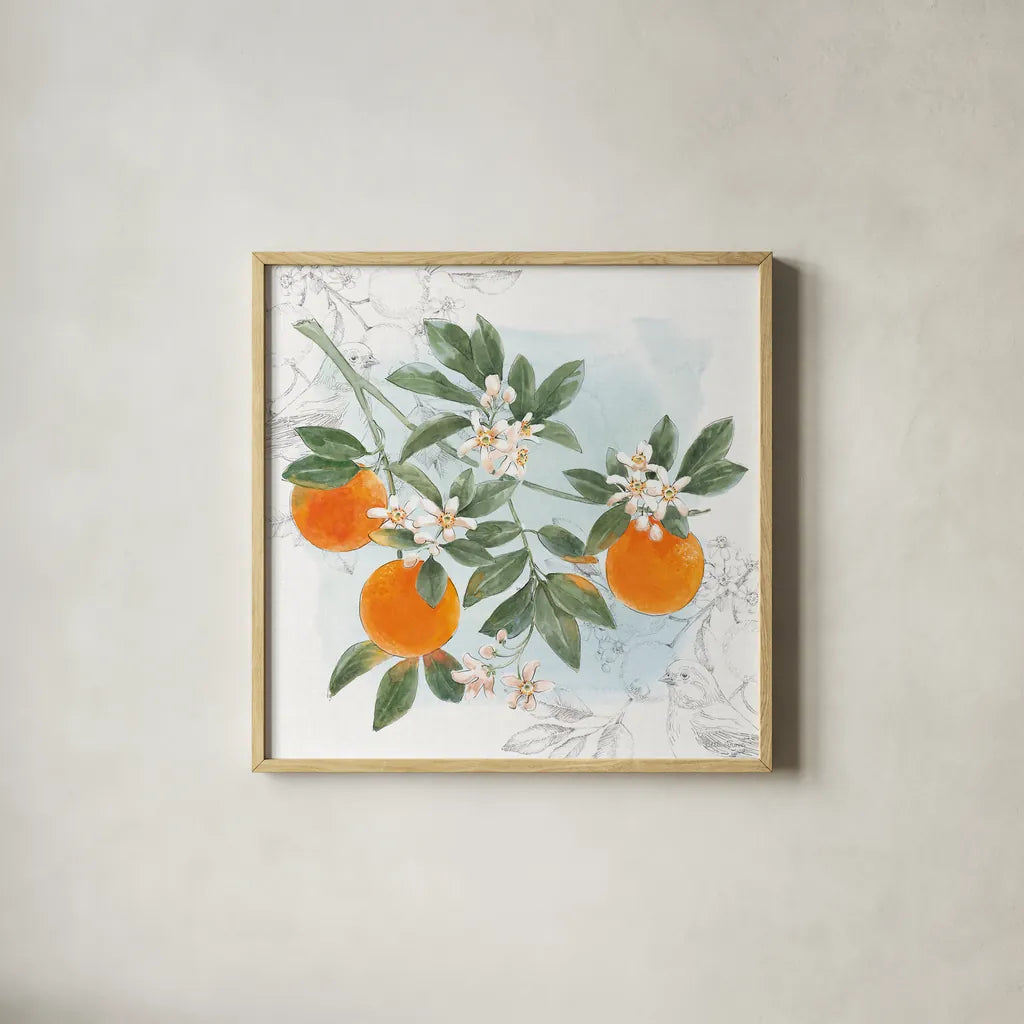 Citrus Wings II by Beth Grove. Shown in a natural wood glass frame for a timeless modern aesthetic. Available as an archival giclee rolled canvas, fine art paper, or poster print. SKU 97255a.