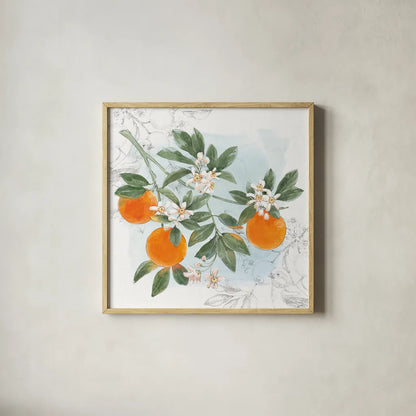Citrus Wings II by Beth Grove. Shown in a natural wood glass frame for a timeless modern aesthetic. Available as an archival giclee rolled canvas, fine art paper, or poster print. SKU 97255a.