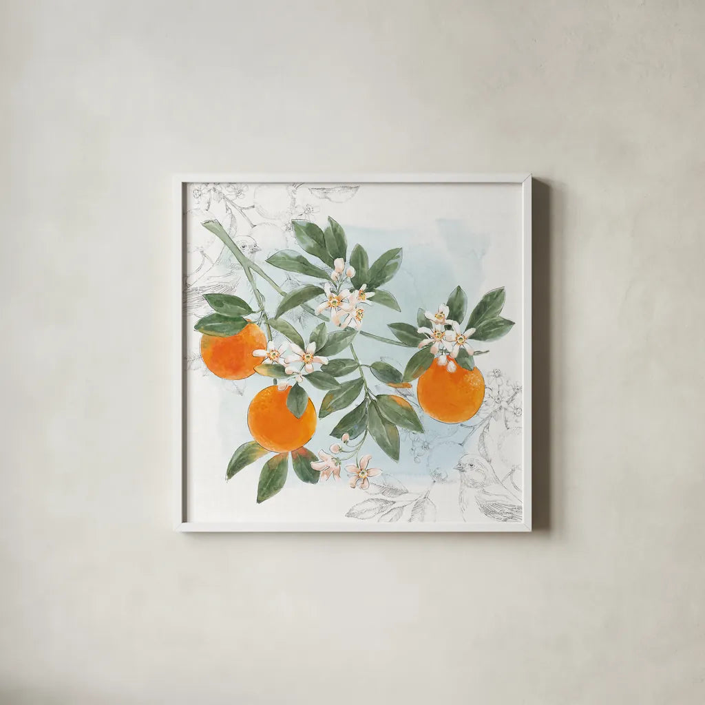 Citrus Wings II by Beth Grove. Shown in a crisp white glass frame for a clean and minimalist style. Available as an archival giclee rolled canvas, fine art paper, or poster print. SKU 97255a.