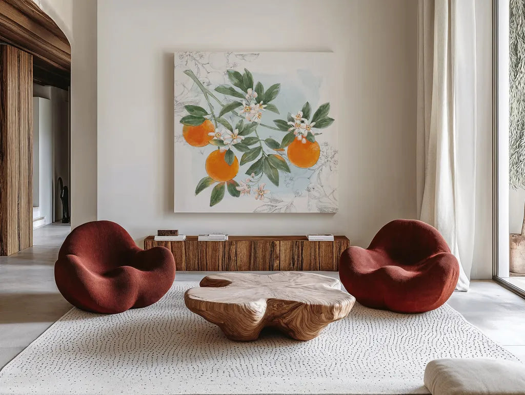 Citrus Wings II by Beth Grove. Shown as extra-large giant wall art in a modern living room. Available as an archival giclee rolled canvas, fine art paper, or poster print. SKU 97255a.