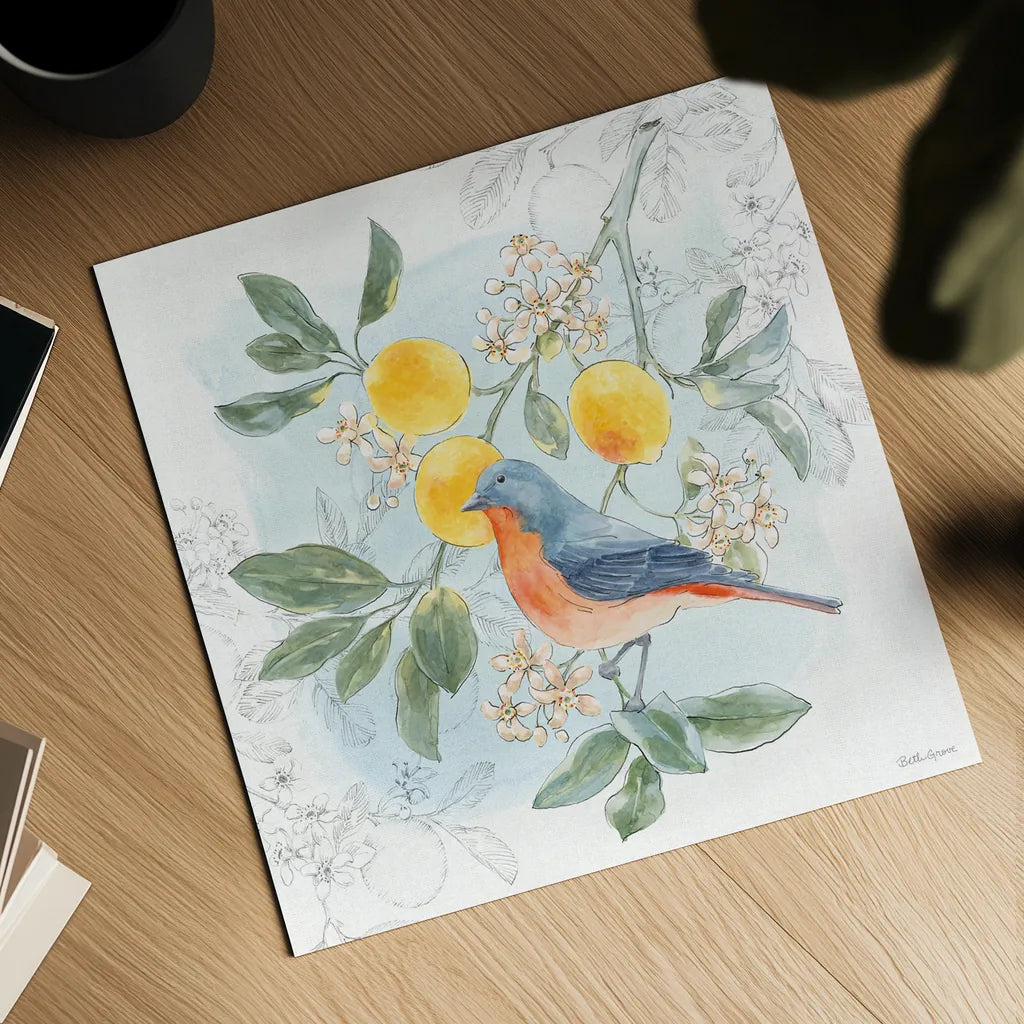 Citrus Wings III by Beth Grove. Shown as a detailed flat fine art print, highlighting archival giclee quality. Available as an archival giclee rolled canvas, fine art paper, or poster print. SKU 97256a.