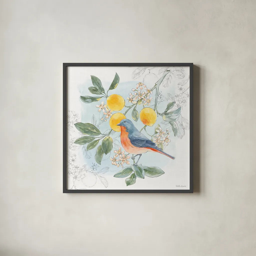 Citrus Wings III by Beth Grove. Shown in a sleek black glass frame for a contemporary gallery look. Available as an archival giclee rolled canvas, fine art paper, or poster print. SKU 97256a.