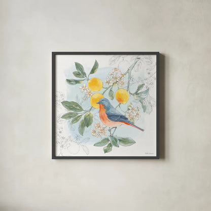 Citrus Wings III by Beth Grove. Shown in a sleek black glass frame for a contemporary gallery look. Available as an archival giclee rolled canvas, fine art paper, or poster print. SKU 97256a.