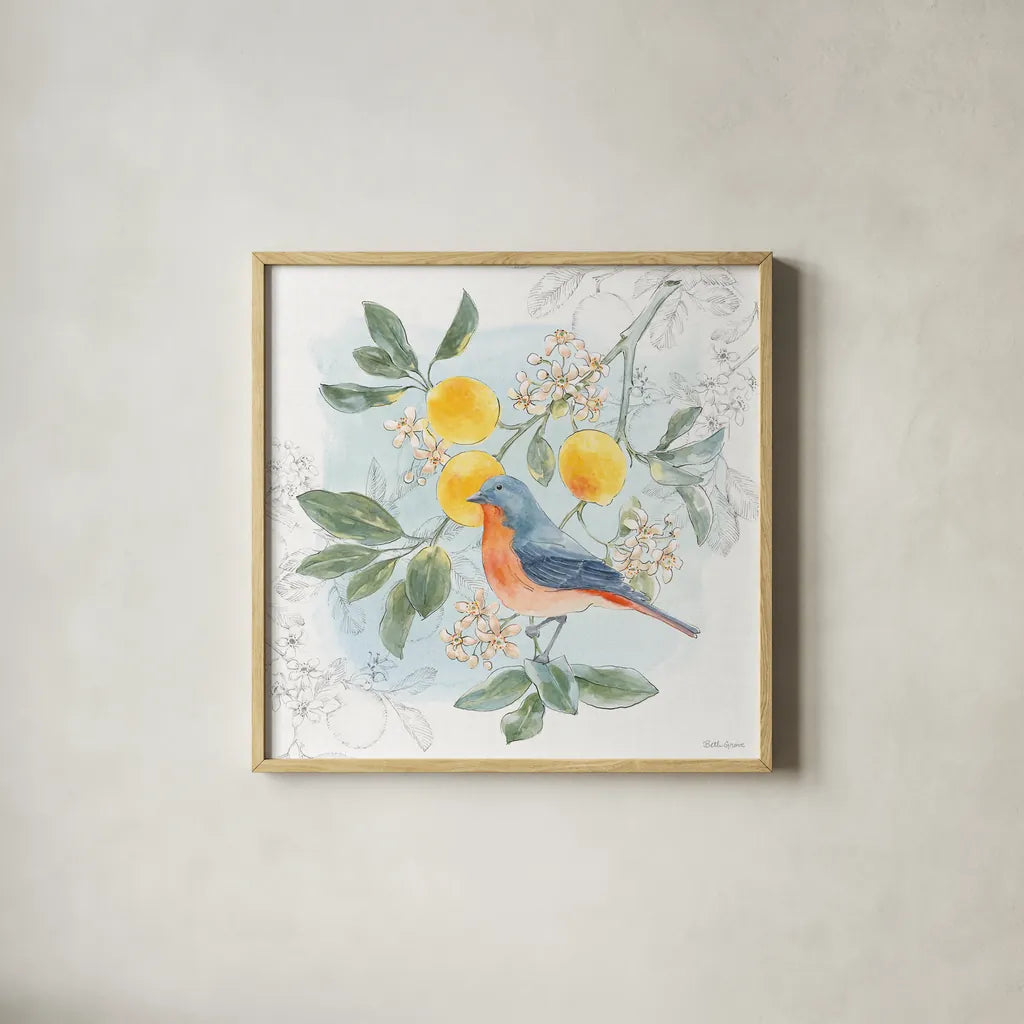 Citrus Wings III by Beth Grove. Shown in a natural wood glass frame for a timeless modern aesthetic. Available as an archival giclee rolled canvas, fine art paper, or poster print. SKU 97256a.