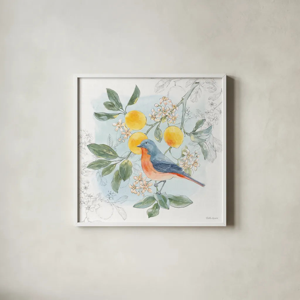 Citrus Wings III by Beth Grove. Shown in a crisp white glass frame for a clean and minimalist style. Available as an archival giclee rolled canvas, fine art paper, or poster print. SKU 97256a.