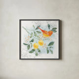 Citrus Wings IV by Beth Grove. Shown in a sleek black glass frame for a contemporary gallery look. Available as an archival giclee rolled canvas, fine art paper, or poster print. SKU 97257a.
