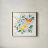 Citrus Wings IV by Beth Grove. Shown in a natural wood glass frame for a timeless modern aesthetic. Available as an archival giclee rolled canvas, fine art paper, or poster print. SKU 97257a.