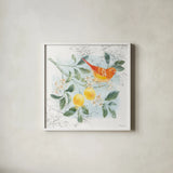 Citrus Wings IV by Beth Grove. Shown in a crisp white glass frame for a clean and minimalist style. Available as an archival giclee rolled canvas, fine art paper, or poster print. SKU 97257a.