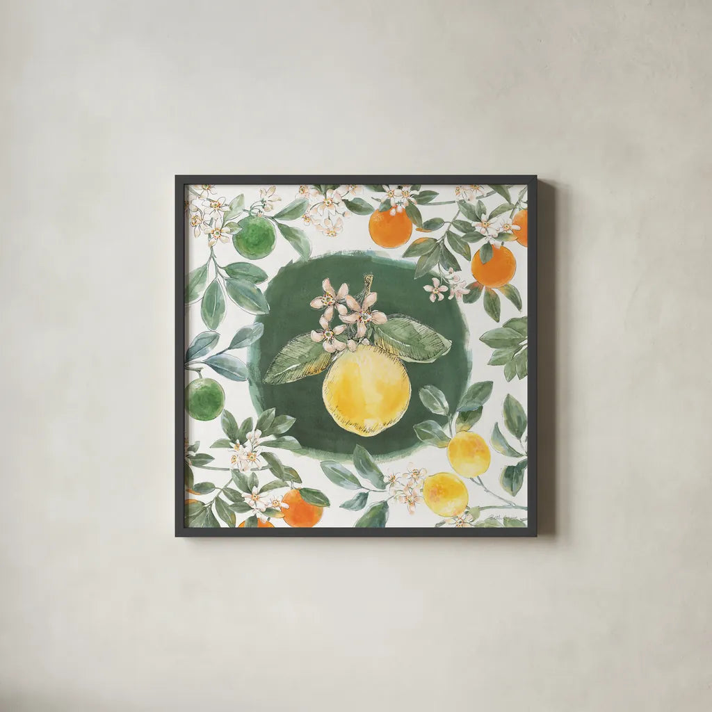 Citrus Wings IX by Beth Grove. Shown in a sleek black glass frame for a contemporary gallery look. Available as an archival giclee rolled canvas, fine art paper, or poster print. SKU 97262a.