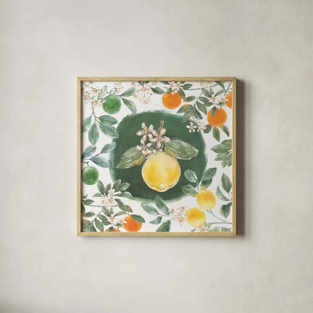 Citrus Wings IX by Beth Grove. Shown in a natural wood glass frame for a timeless modern aesthetic. Available as an archival giclee rolled canvas, fine art paper, or poster print. SKU 97262a.