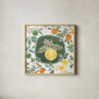 Citrus Wings IX by Beth Grove. Shown in a natural wood glass frame for a timeless modern aesthetic. Available as an archival giclee rolled canvas, fine art paper, or poster print. SKU 97262a.