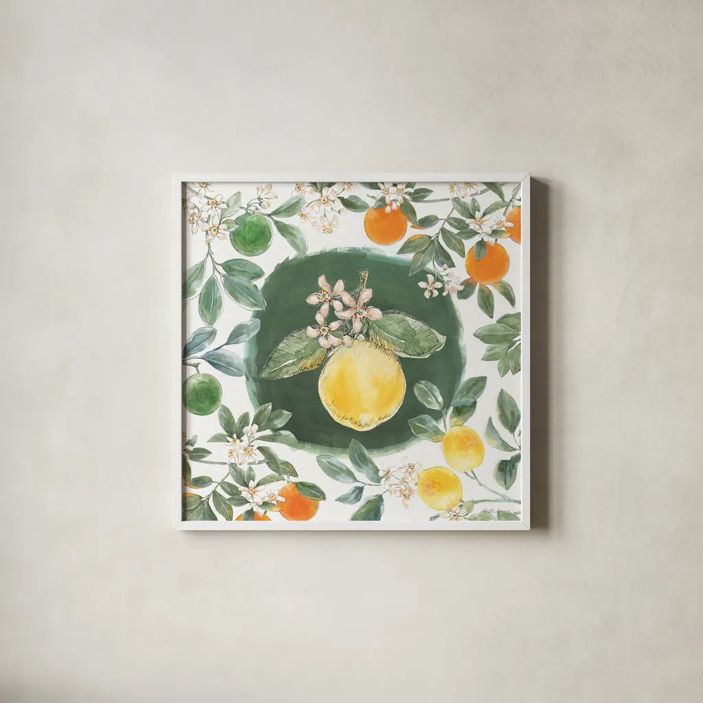 Citrus Wings IX by Beth Grove. Shown in a crisp white glass frame for a clean and minimalist style. Available as an archival giclee rolled canvas, fine art paper, or poster print. SKU 97262a.