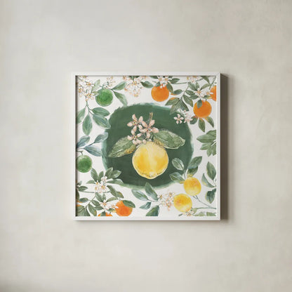 Citrus Wings IX by Beth Grove. Shown in a crisp white glass frame for a clean and minimalist style. Available as an archival giclee rolled canvas, fine art paper, or poster print. SKU 97262a.