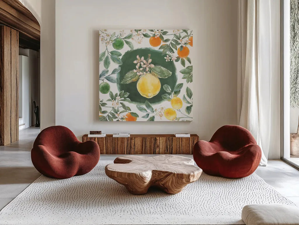 Citrus Wings IX by Beth Grove. Shown as extra-large giant wall art in a modern living room. Available as an archival giclee rolled canvas, fine art paper, or poster print. SKU 97262a.