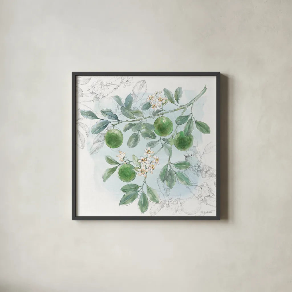 Citrus Wings V by Beth Grove. Shown in a sleek black glass frame for a contemporary gallery look. Available as an archival giclee rolled canvas, fine art paper, or poster print. SKU 97258a.