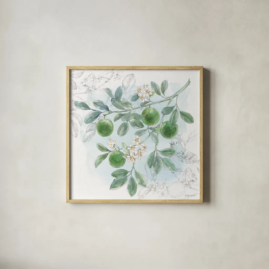 Citrus Wings V by Beth Grove. Shown in a natural wood glass frame for a timeless modern aesthetic. Available as an archival giclee rolled canvas, fine art paper, or poster print. SKU 97258a.