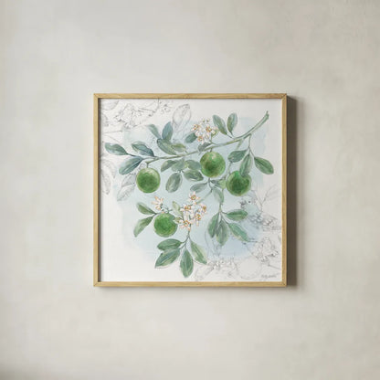 Citrus Wings V by Beth Grove. Shown in a natural wood glass frame for a timeless modern aesthetic. Available as an archival giclee rolled canvas, fine art paper, or poster print. SKU 97258a.