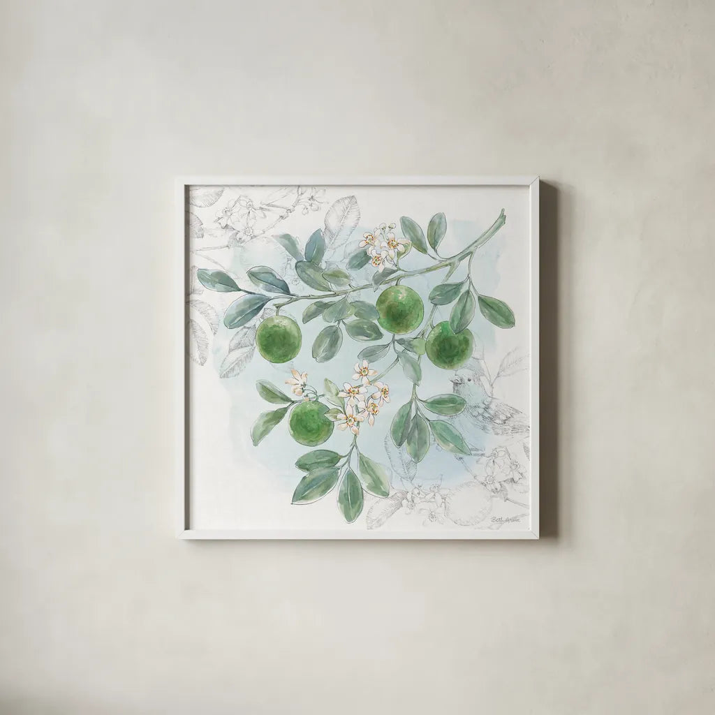 Citrus Wings V by Beth Grove. Shown in a crisp white glass frame for a clean and minimalist style. Available as an archival giclee rolled canvas, fine art paper, or poster print. SKU 97258a.