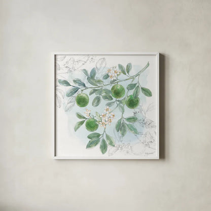 Citrus Wings V by Beth Grove. Shown in a crisp white glass frame for a clean and minimalist style. Available as an archival giclee rolled canvas, fine art paper, or poster print. SKU 97258a.