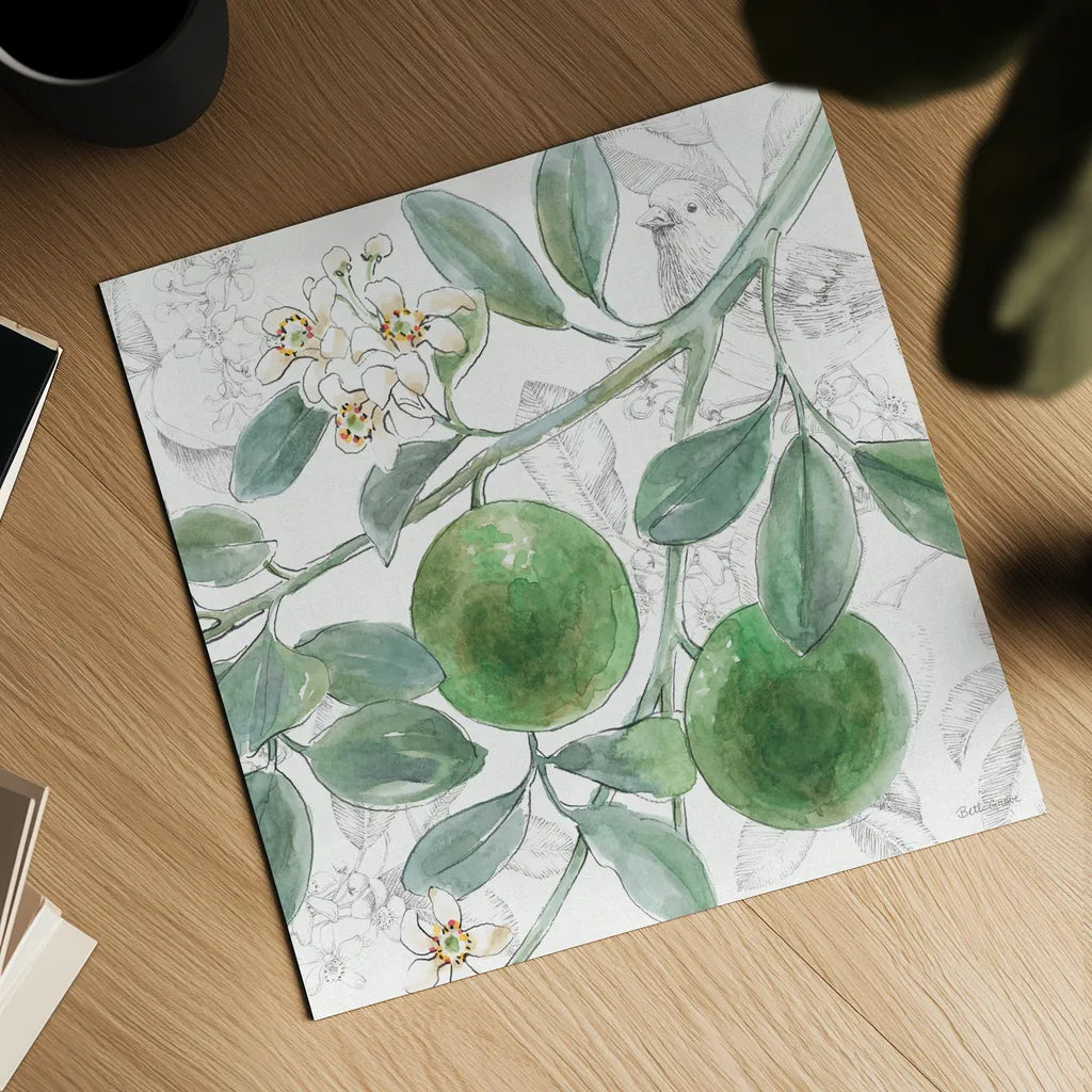 Citrus Wings VI by Beth Grove. Shown as a detailed flat fine art print, highlighting archival giclee quality. Available as an archival giclee rolled canvas, fine art paper, or poster print. SKU 97259a.