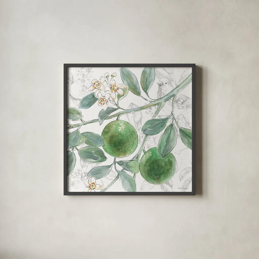 Citrus Wings VI by Beth Grove. Shown in a sleek black glass frame for a contemporary gallery look. Available as an archival giclee rolled canvas, fine art paper, or poster print. SKU 97259a.