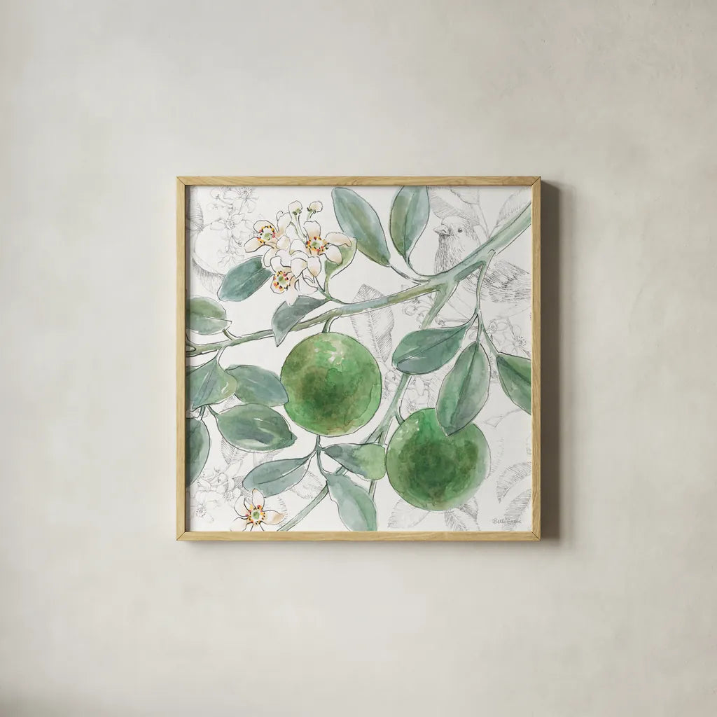 Citrus Wings VI by Beth Grove. Shown in a natural wood glass frame for a timeless modern aesthetic. Available as an archival giclee rolled canvas, fine art paper, or poster print. SKU 97259a.