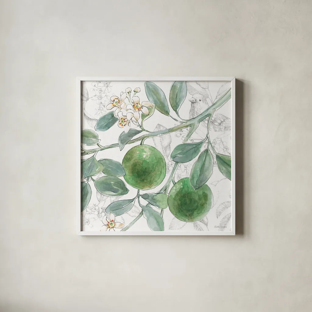 Citrus Wings VI by Beth Grove. Shown in a crisp white glass frame for a clean and minimalist style. Available as an archival giclee rolled canvas, fine art paper, or poster print. SKU 97259a.