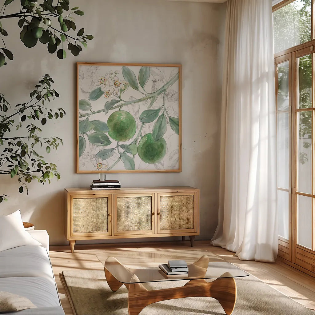 Citrus Wings VI by Beth Grove. Shown in a natural wood frame in a cozy modern living room. Available as an archival giclee rolled canvas, fine art paper, or poster print. SKU 97259a.