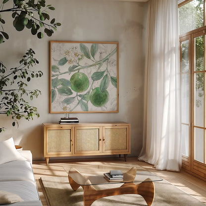 Citrus Wings VI by Beth Grove. Shown in a natural wood frame in a cozy modern living room. Available as an archival giclee rolled canvas, fine art paper, or poster print. SKU 97259a.