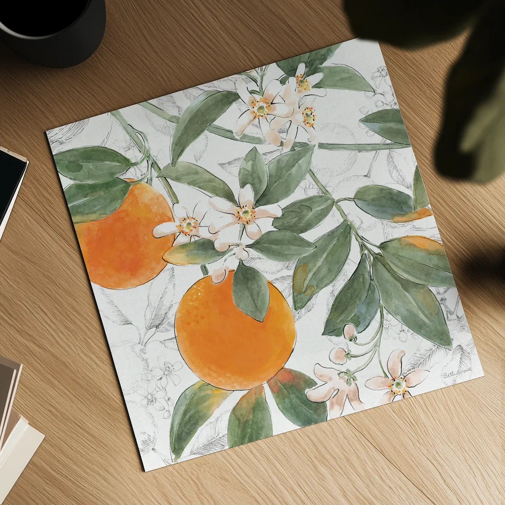 Citrus Wings VII by Beth Grove. Shown as a detailed flat fine art print, highlighting archival giclee quality. Available as an archival giclee rolled canvas, fine art paper, or poster print. SKU 97260a.