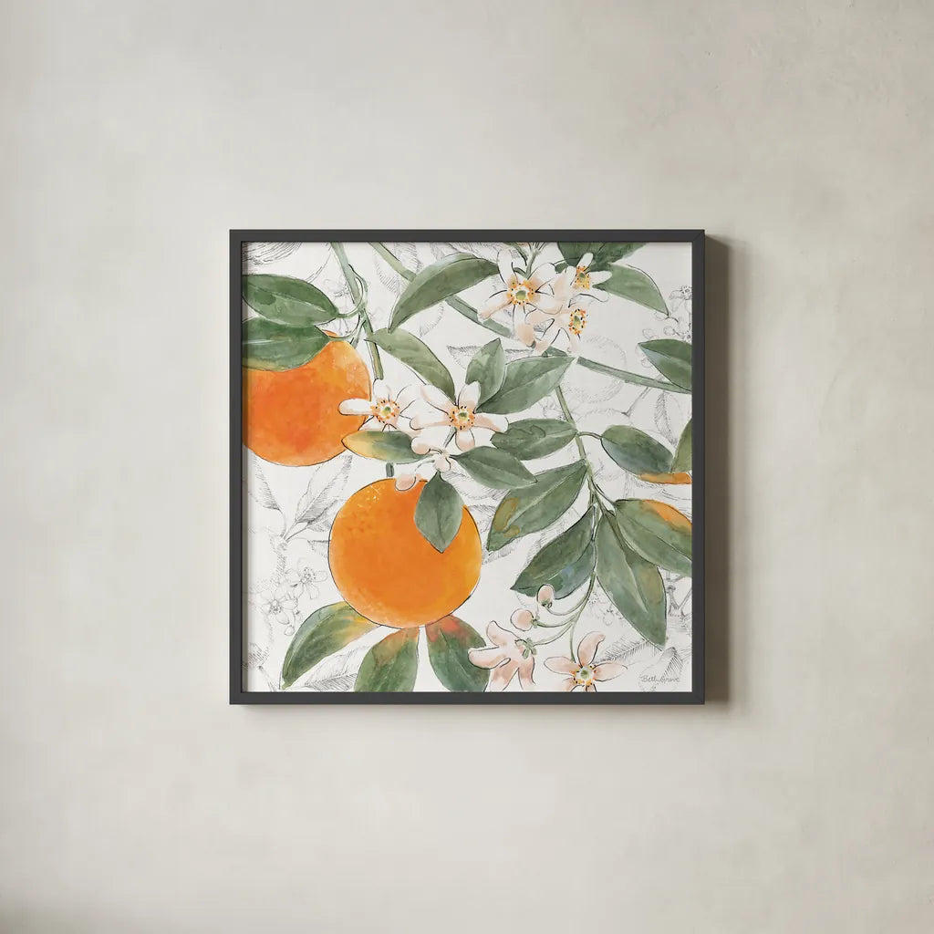 Citrus Wings VII by Beth Grove. Shown in a sleek black glass frame for a contemporary gallery look. Available as an archival giclee rolled canvas, fine art paper, or poster print. SKU 97260a.