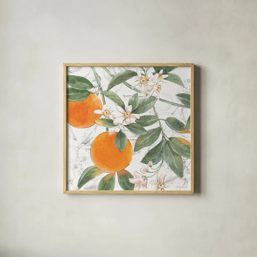 Citrus Wings VII by Beth Grove. Shown in a natural wood glass frame for a timeless modern aesthetic. Available as an archival giclee rolled canvas, fine art paper, or poster print. SKU 97260a.